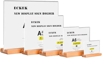 Acrylic Sign Holder A4/A5/A6 Menu Displays Double Sided, Wood Base Table Top Sign Stand (Horizontal A6 148×105mm/5.83×4.13 inches)