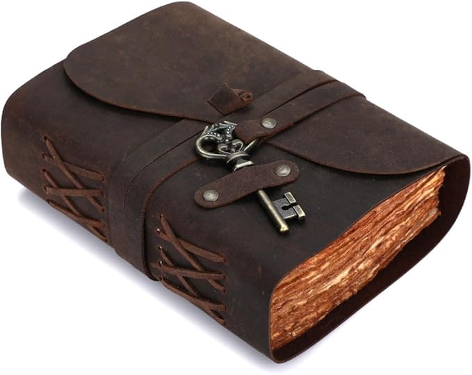 Fausta Vintage Handcrafted Leather Journal with Key for Writing, 240 Pages 7 x 5 inches, Deckled Cotton Paper Notebook/Diary for Men and Women 150 GSM Drawing/Sketchbook, Rustic Brown