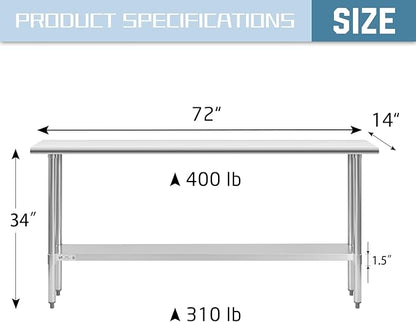 HALLY Stainless Steel Table for Prep & Work 14 x 72 Inches, NSF Commercial Heavy Duty Table with Undershelf and Galvanized Legs for Restaurant, Home and Hotel