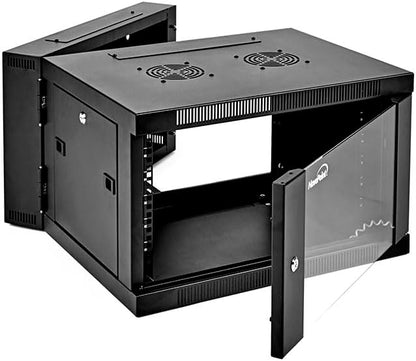 NavePoint 6U Server Cabinet with Hinged Back - 17.7” Deep, 6U Server Rack Enclosure with Locking Glass Door, Wall Mount Rack with Removable Side Panels, 6U Network Cabinet with 2 Fans, Pre-Assembled