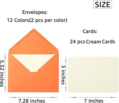 A7 Colorful Envelopes and Blank Cards 24 Pieces A7 Envelopes and 24 Pieces 5x7 Cream Color Flat Cards for Weddings, Invitations, Birthday, Baby Shower (Cream/Multicolor)