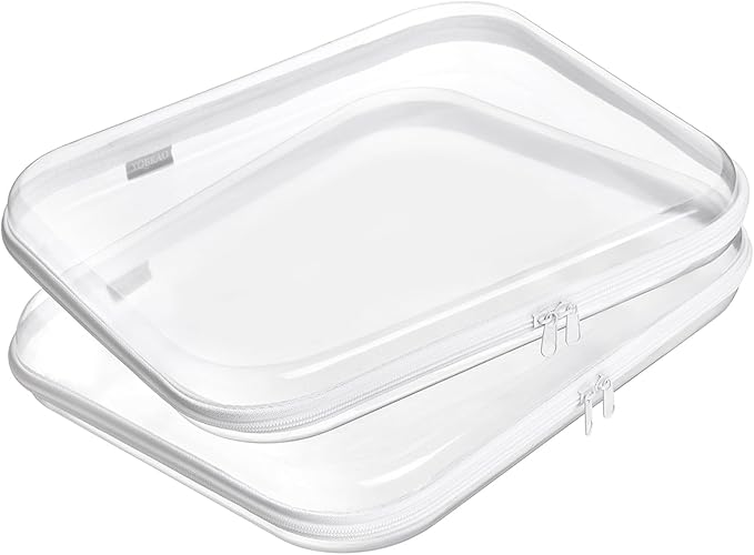 Bliss Bins - Hard Sided Clear Zipper Case for Storage- Professional-Grade Plastic Clear Zipper Pencil Case,Toy Storage Bins, Toiletry Pouch, Travel Organizer, Cosmetic Bag（White,2 Pack, L）