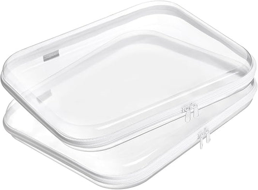 Bliss Bins - Hard Sided Clear Zipper Case for Storage- Professional-Grade Plastic Clear Zipper Pencil Case,Toy Storage Bins, Toiletry Pouch, Travel Organizer, Cosmetic Bag（White,2 Pack, L）
