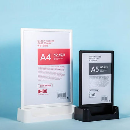 ABS Plastic Sign Holder, Menu Displays T Shape Sign Stand with Business Card Holder, Plastic Display Stand for Ads, Menu, Photos, Business Card (White A5 148×210mm//5.83×8.27 inches)