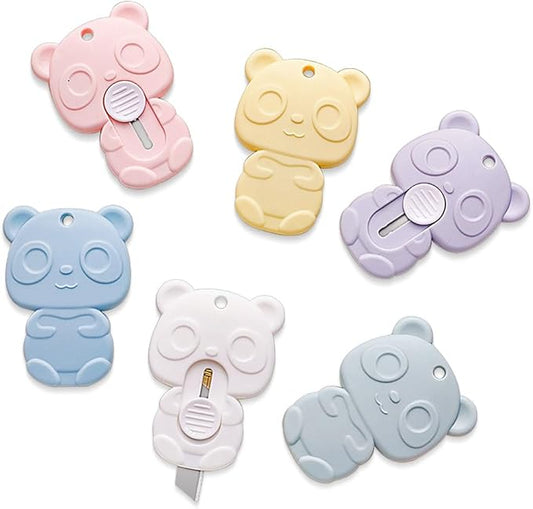 6 Pack Mini Box Cutter Retractable Utility Knife, Cute Panda Shaped Letter Opener Envelope Slitter, Portable Utility Pocket Knives for DIY Cutting Paper Home Office School Stationery