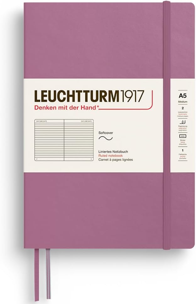 LEUCHTTURM1917 - Notebook Softcover Medium A5-123 Numbered Pages for Writing and Journaling - Thinking Ahead (Ruled Paper, Dusty Rose)