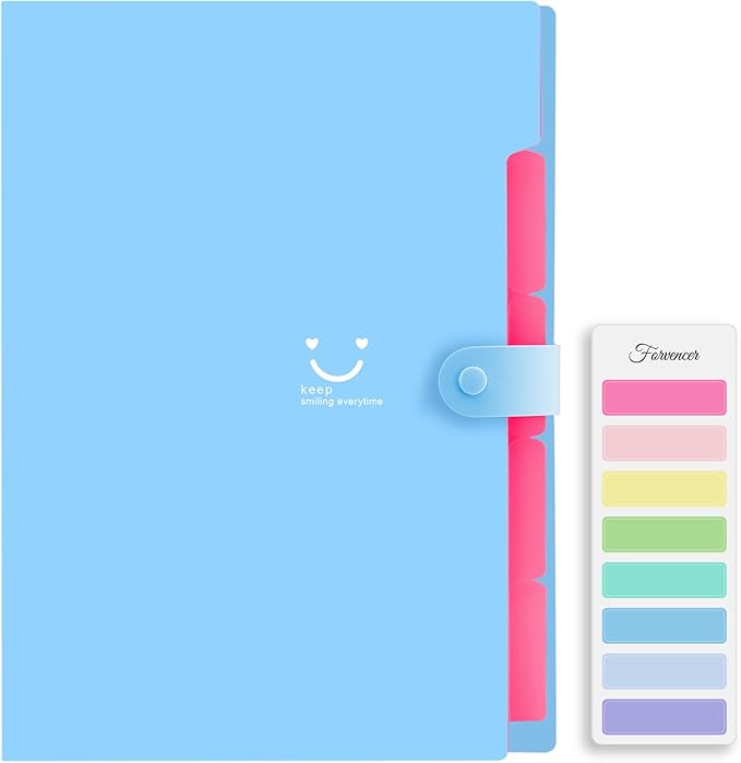 Forvencer Accordion File Organizer, Letter Size, 5 Pocket Expanding File Folder, Cute File Folder with Labels, Portable File Organizer for School Office Supplies, Folders for Documents, Blue