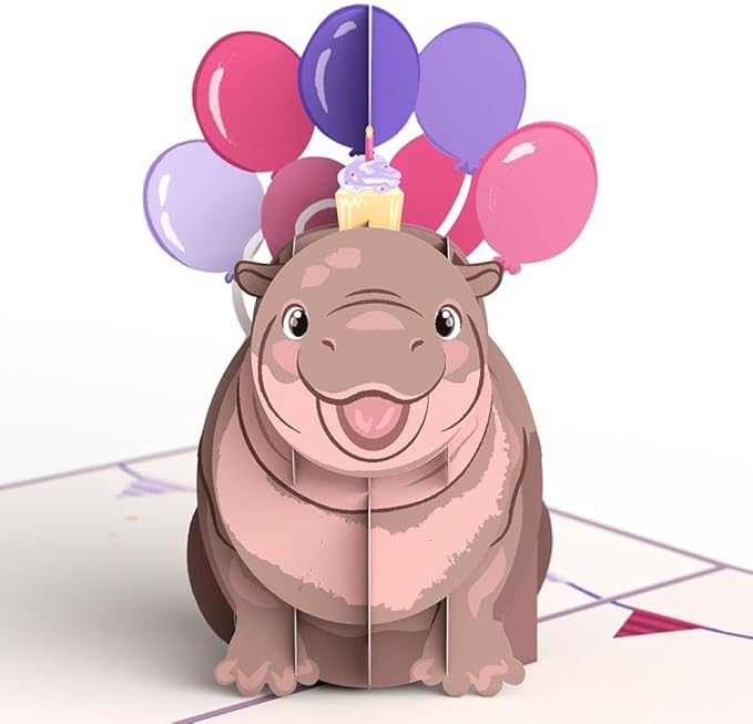 Lovepop Happy Birthday Pop-Up Card for Her and Him- 3D Birthday Animal Greeting Cards for Boys, Girls, Men, Women - Baby Pygmy Hippo - 5" x 7" Card - Blank Note Card & Envelope Included