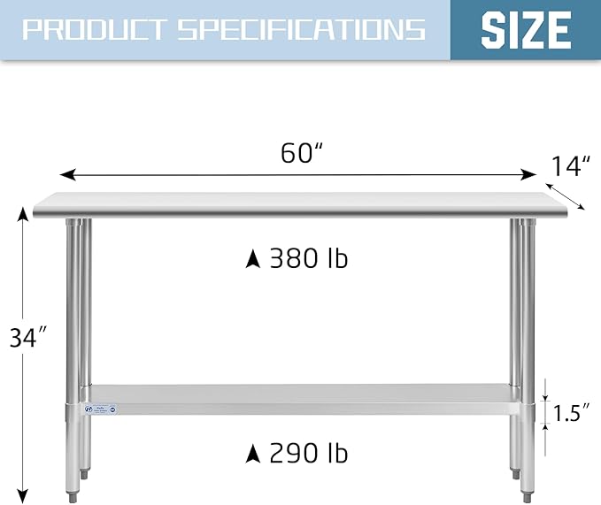 Hally Stainless Steel Table for Prep & Work 14 x 60 Inches, NSF Commercial Heavy Duty Table with Undershelf and Galvanized Legs for Restaurant, Home and Hotel
