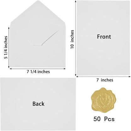50 Pack White A7 Envelopes with Cards 5x7 Thick Folded Cardstock and Gold Stickers for Greeting Cards, Wedding, Birthday, Invitations, Baby Showers (White, 5x7)