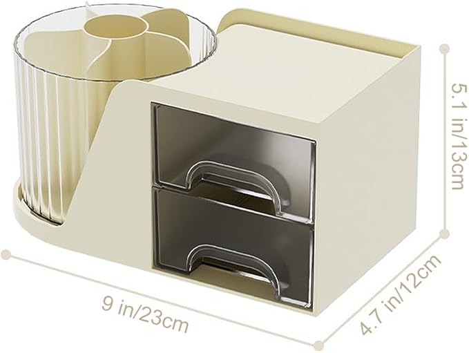 360 Degree Turntable Pen Holder Office Desk Organizer Pencil Holder for Desk Multi-Functional Pencil Pencil Cup Desktop Stationary Organizer Storage for Office School (Beige-with Drawer)