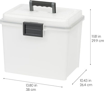 IRIS USA File Box WeatherPro Portable File Organizer Plastic File Box for Letter File w/ Organizer-Lid, Durable Lid and Seal w/ Secure Latching Buckles, Stackable and Nestable, Pearl 19 Qt. 1 Pack