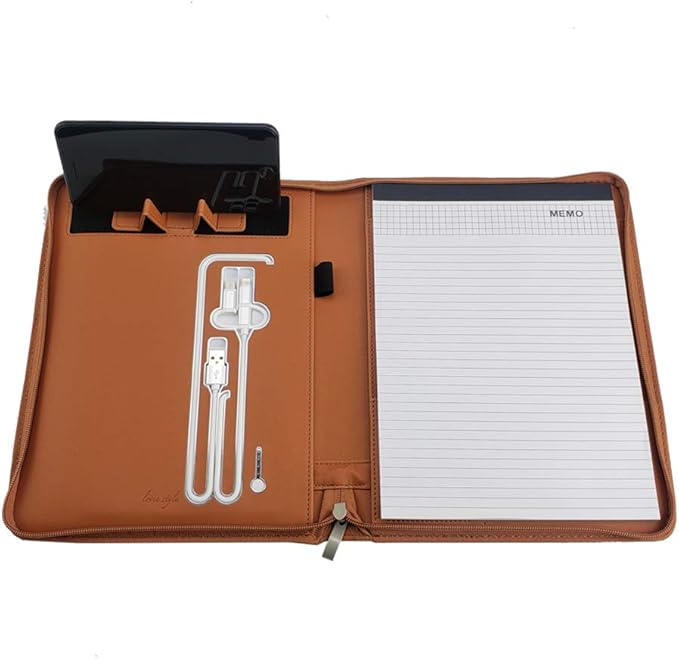 Phone Charging Business & Travel Portfolio w/Built-in Power Bank- Zipper Closure & Refillable Pad- Professional Organizer Padfolio That Charges Phones/Tablets on The Go (Brown)