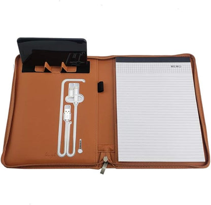 Phone Charging Business & Travel Portfolio w/Built-in Power Bank- Zipper Closure & Refillable Pad- Professional Organizer Padfolio That Charges Phones/Tablets on The Go (Brown)