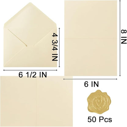50 Pack Cream A6 Envelopes with Cards 4x6 Thick Folded Cardstock and Gold Stickers for Greeting Cards, Wedding, Birthday, Invitations, Baby Showers (Cream, 4x6)