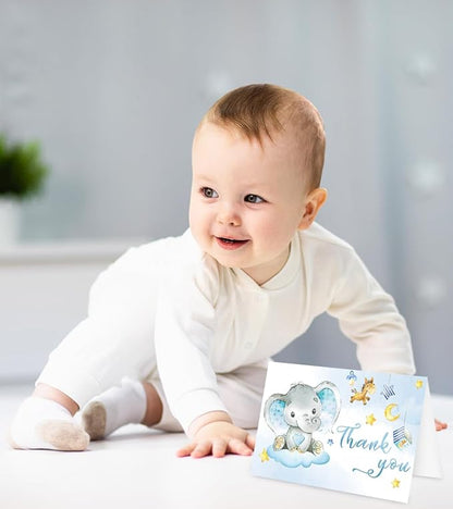 Whaline 24 Packs Elephant Thank You Cards Blue Baby Elephant Greeting Cards Cute Cartoon Blank Note Cards with Envelopes and Stickers for Baby Shower Birthday Holiday Party Supplies, 4 x 6 Inch