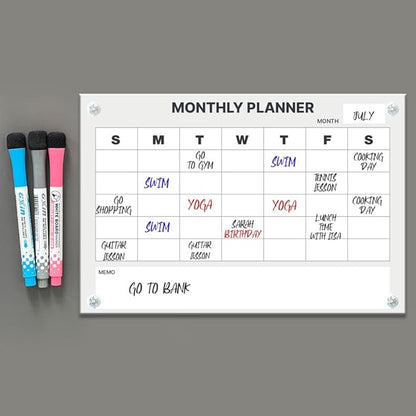 GEEKBEAR Dry Erase Refrigerator Calendar with 3 Markers - Attachable to Any Fridge with Special Suction Cups - Monthly and Weekly Designs, Acrylic - 15.7" x 10.6" (02. Modern Gray, Monthly)