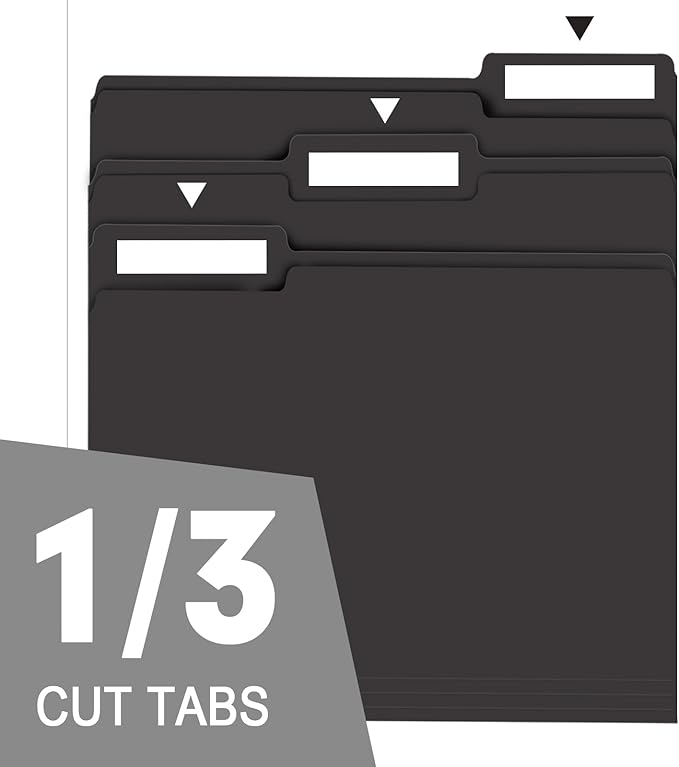 File Folder, RAZCC 150 Pack 1/3 Cut Tab File Folders Letter Size, Black Folders for Dcouments, Folders with Tab Great for Organizing and Easy File Storage