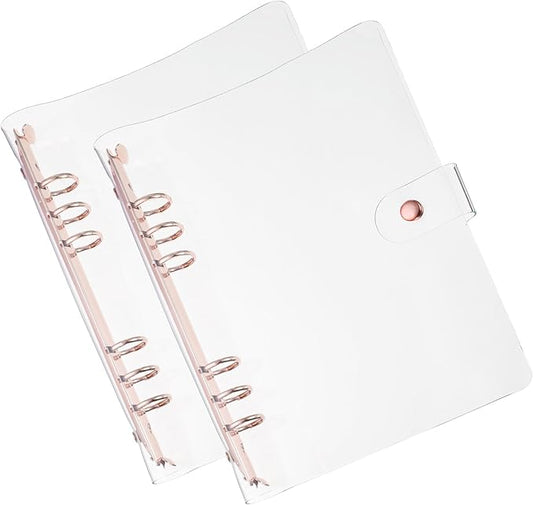 PATIKIL A5 Clear Binder Cover, 2Pcs Soft PVC Loose Leaf Binder Protector Refillable Notebook Shell with Snap Button Closure 6 Ring for DIY Meeting Notebook Folder, Rose Gold