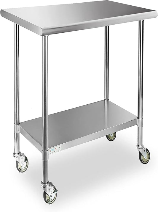 STABLEINK Stainless Steel Table with Caster Wheels 24 x 30 Inches, NSF Commercial Prep & Work Table with Adjustable Undershelf and Table Foot, for Commercial Kitchen, Restaurant, Hotel and Garage