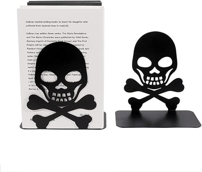 Metal Skull Design Black Bookend - Heavy-Duty Bookends for Shelves, Skull Book Ends for Heavy Books, Book Shelf Holder Home Office Decorative Desktop Organizer (1 Pair A)