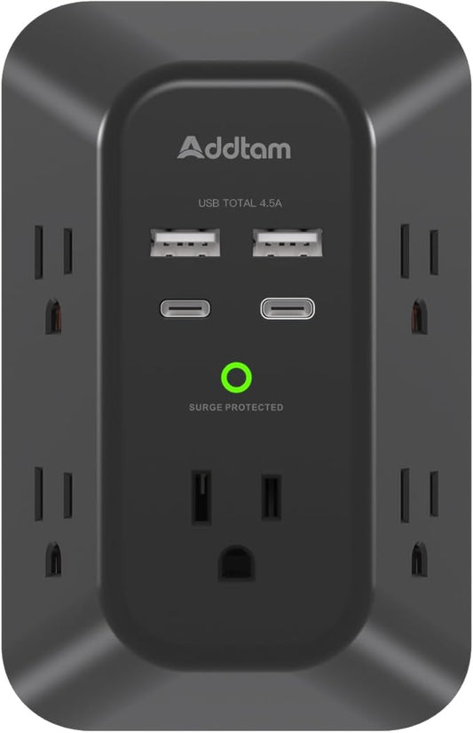 Surge Protector Outlet Extender, Addtam Multi Plug Wall Outlet with 4 USB Ports(2 USB-C), 3-Sided 1800J Power Strip Plug Extension Outlet Splitter, Black