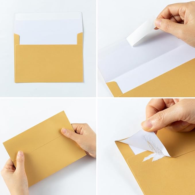 Wishop 50 Pack Shiny Self-Adhesive Envelopes with Shiny Fold Cards for Wedding Invitations, Greeting Cards, Baby Shower, Letter Mailing (Gold, 5x7)