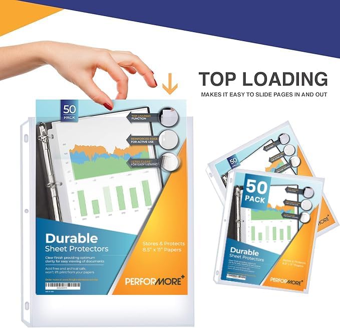Performore 50 Sheet Protectors, Durable Clear Page 8.5 X 11 Inch for 3 Ring Binder, Plastic Sheet Sleeves, Durable Top Loading Paper Protector with Reinforced Holes, Archival Safe