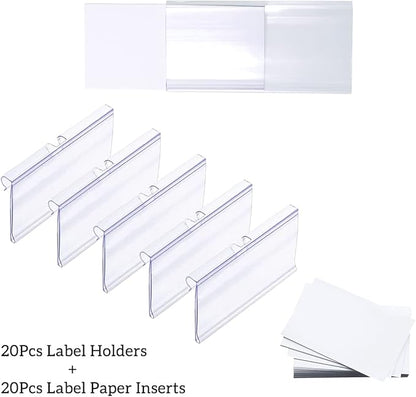 Diteje 20 Pack Plastic Wire Shelf Label Holder,Shelving Rack Retail Sign Hook Labels Clip On with Paper Inserts,3.15x1.50inch