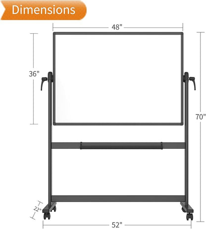 VIZ-PRO Double-Sided Magnetic Mobile Whiteboard, 48 x 36 Inches, Black Aluminium Frame and Stand