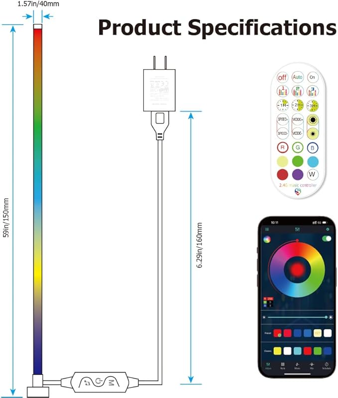 Corner Floor Lamp, 59" RGB+IC Dimmable White LED Floor Lamps, Smart Modern Corner Lamp with Remote, Tall Standing Lamp Bedroom Living Room Essentials, Music Sync for Game Room Decor