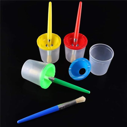 DIYASY 4 Pcs Kids No Spill Paint Cups and 4 Round Paint Brushes 4 Colors Spill Proof Paint Cups for Children’ Art Class and Home.