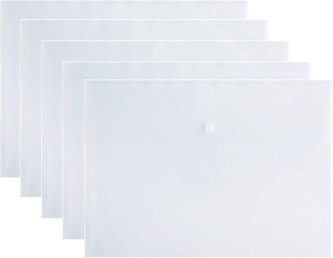 VANRA Poly File Folder Pockets File Jacket Plastic Envelope Flat Document Letter Organizer with Snap Button Closure A4 Letter Size (Pack of 5, Translucent)