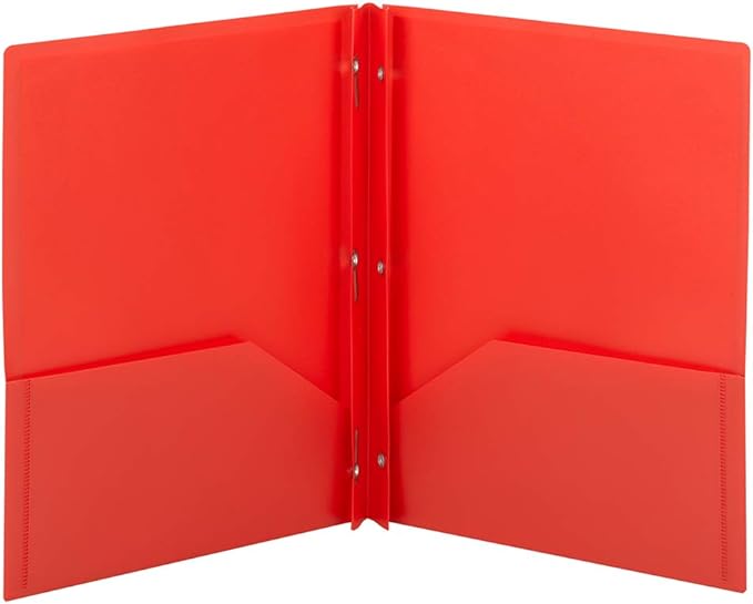 Smead Poly Two-Pocket Folder, Three-Hole Punch Prong Fasteners, Letter Size, Red, 3 Per Pack (87730)