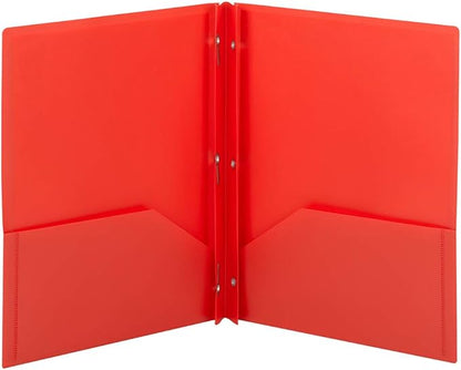 Smead Poly Two-Pocket Folder, Three-Hole Punch Prong Fasteners, Letter Size, Red, 3 Per Pack (87730)