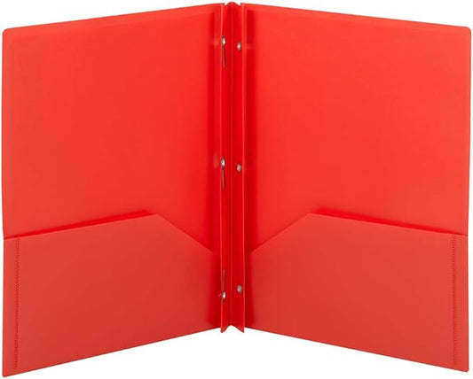 Smead Poly Two-Pocket Folder, Three-Hole Punch Prong Fasteners, Letter Size, Red, 3 Per Pack (87730)