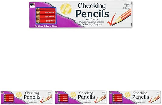 Charles Leonard Checking Pencil, Red Colored with Eraser, 12/Box (65030) (Pack of 4)