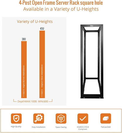 38U Open Frame Server Rack,4-Post Adjustable Depth 23.6 inch-39.3 inch Frame Rack,Professional It Rack for 19 inch Computer/AV/Data/IT Equipment,Square Hole