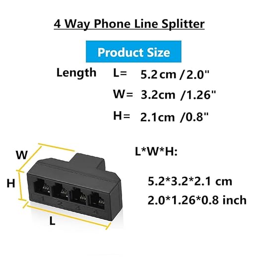 RJ11 Cable 4 Way Telephone Splitter 3 Pack, Black, Splitter 6P4C Connector Phone Line Cord Adapter with Cable for Landline Telephone Wire, Suitable for Telephone, Fax Machine