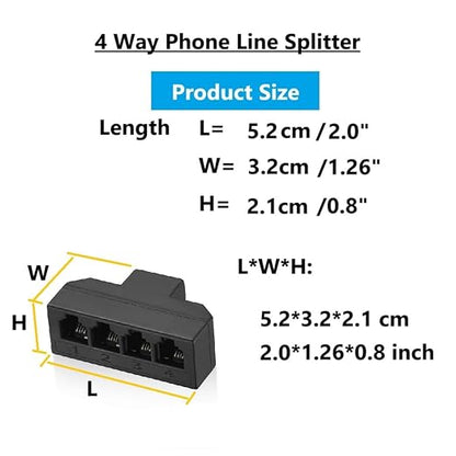 RJ11 Cable 4 Way Telephone Splitter 3 Pack, Black, Splitter 6P4C Connector Phone Line Cord Adapter with Cable for Landline Telephone Wire, Suitable for Telephone, Fax Machine