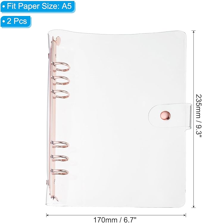 PATIKIL A5 Clear Binder Cover, 2Pcs Soft PVC Loose Leaf Binder Protector Refillable Notebook Shell with Snap Button Closure 6 Ring for DIY Meeting Notebook Folder, Rose Gold