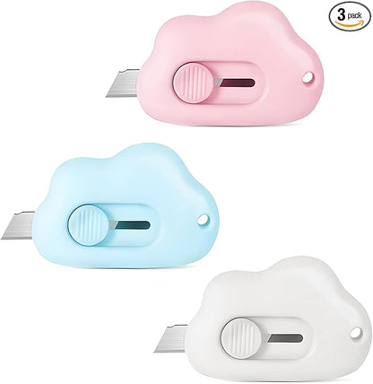 Mini Cloud Box Cutters Retractable Cute, 3 Pcs Small Utility Knives, Portable Letter Opener Slide Open with Keychain Hole, for Office School Stationery, Cutting Box Envelopes Papercutting