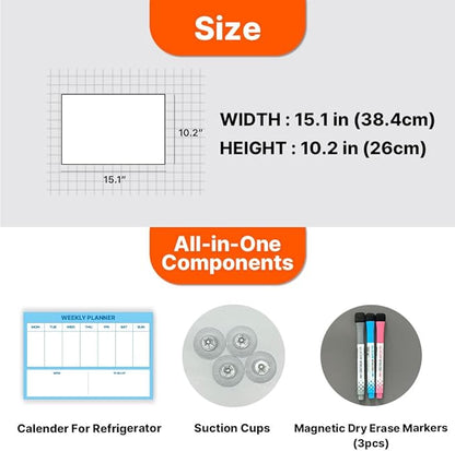 GEEKBEAR Dry Erase Refrigerator Calendar with 3 Markers - Attachable to Any Fridge with Special Suction Cups - Monthly and Weekly Designs, Acrylic - 15.7" x 10.6" (04. Modern Blue, Weekly)
