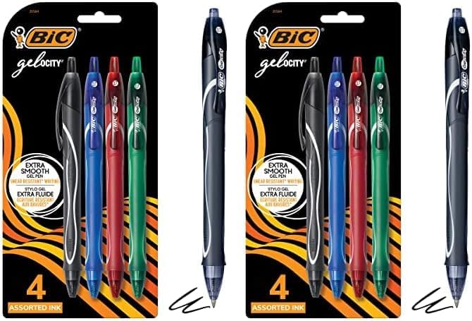 BIC Gelocity Quick Dry Assorted Colors Gel Pens, Medium Point (0.7mm), 4-Count Pack, Retractable Gel Pens With Comfortable Full Grip (Pack of 2)