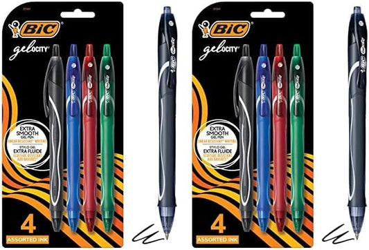 BIC Gelocity Quick Dry Assorted Colors Gel Pens, Medium Point (0.7mm), 4-Count Pack, Retractable Gel Pens With Comfortable Full Grip (Pack of 2)