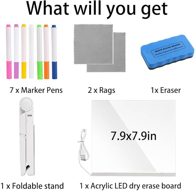 Acrylic Led Dry Erase Board - Creative Rewritable Message Board - Led Color Note Board with Stand - Light up Board to Write on as a Glow Memo Board Note with 7 Pen - Free Eraser Easy to Clean