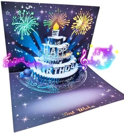 Musical Birthday Cards, 3D Pop Up Card with Music and Light, Firework Greeting Card with Interactive Blowable Candle, Birthday Gift for Her Him Mom Grandma Wife Husband (Blue and Silver)