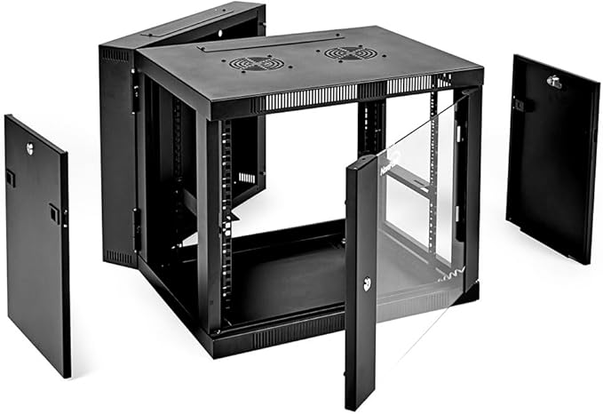 NavePoint Server Cabinet with Hinged Back - 21.6' Deep, 9U Rack Enclosure with Locking Glass Door, Wall Mount Rack with Removable Side Panels, Network Cabinet with 2 Fans, Pre-Assembled
