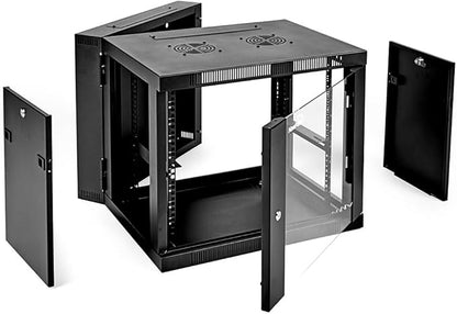 NavePoint Server Cabinet with Hinged Back - 21.6' Deep, 9U Rack Enclosure with Locking Glass Door, Wall Mount Rack with Removable Side Panels, Network Cabinet with 2 Fans, Pre-Assembled