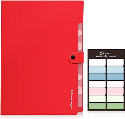 SKYDUE 8 Pockets Expanding File Organizer, Expandable File Folders with Pockets, Portable Document Paper Organizer, A4 Letter Size Filing Folder, Snap Closure, Red